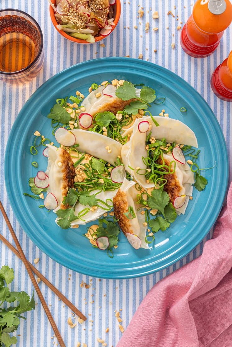 Gyoza fylt med svinekjøttdeig, med rettichsalat, sriracha og peanøtter