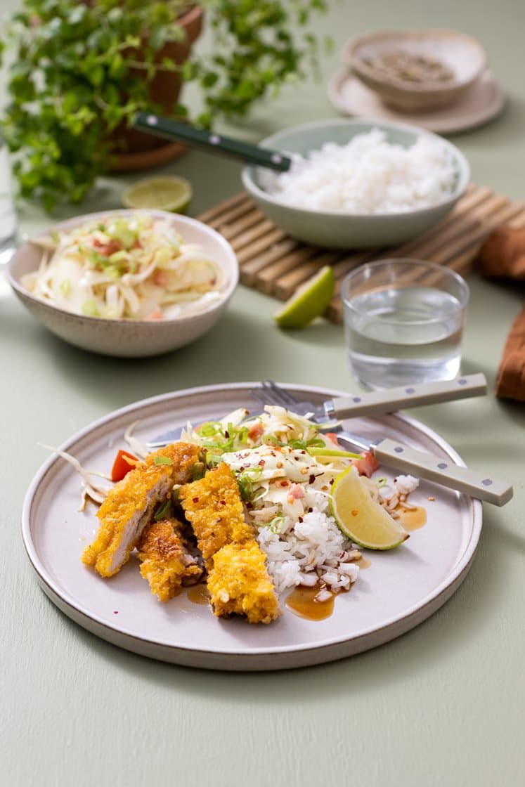 Japansk kyllingschnitzel med syrlig kålsalat, ris og teriyakisaus