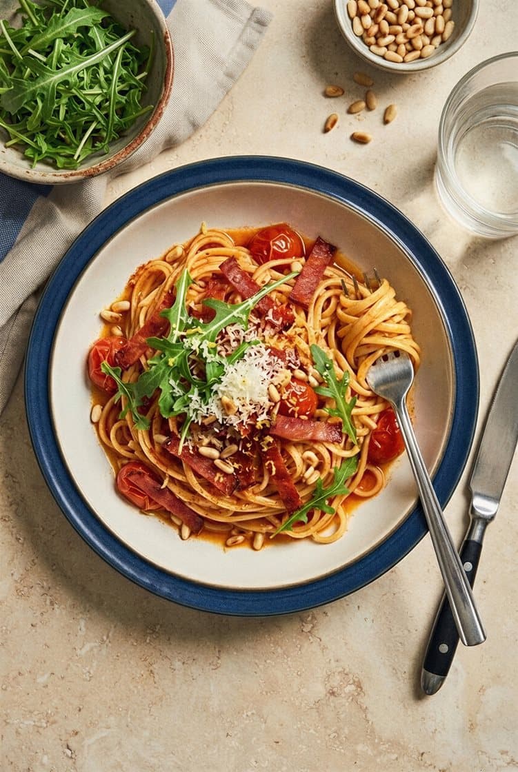 Linguine og sprøstekt pepperoni med spansk tomatsaus, ruccola og pinjekjerner