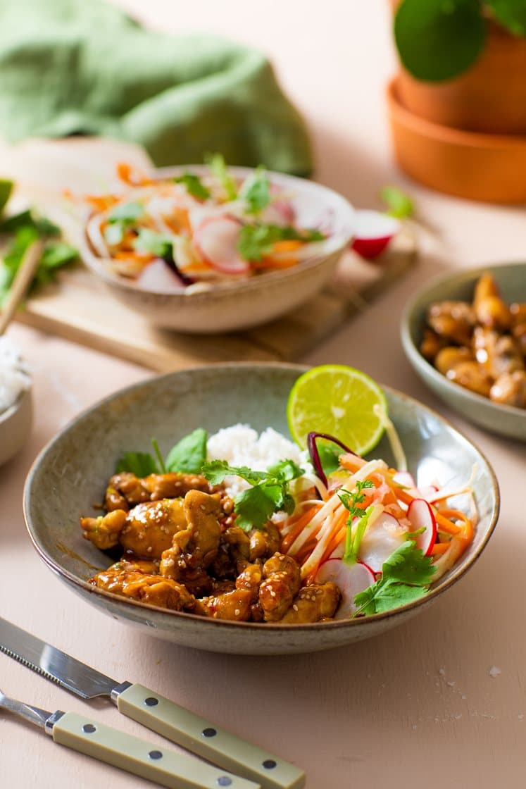 Kylling teriyaki med syrlig råkost og ris