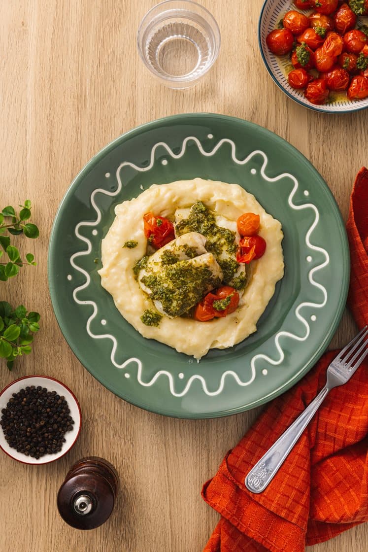 Seifilet med basilikumolje, potetmos og ovnsbakte cherrytomater